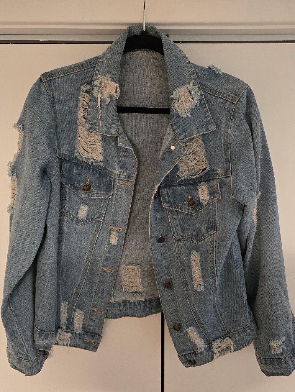Light Blue Distressed Denim Jacket for Women